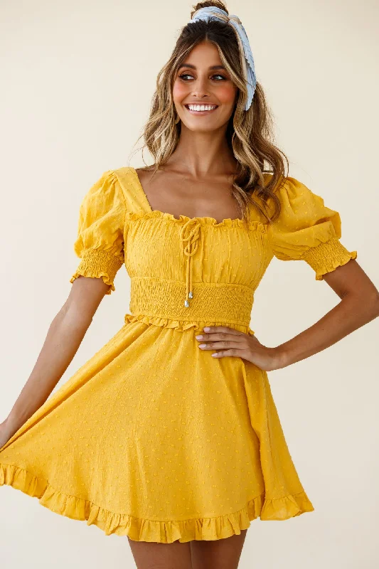 Summer In Paris Puff Sleeve Open Back Dress Mustard