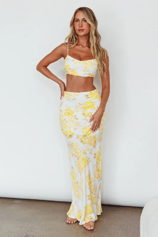 The Moment Satin Maxi Skirt Floral Yellow