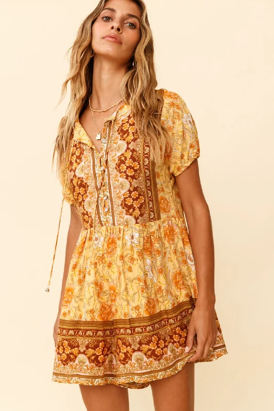 Time Flies Puff Sleeve T-Shirt Romper Boho Floral Print Yellow