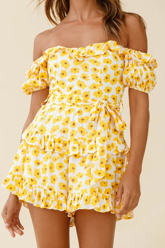 Tulsa Off Shoulder Waist Tie Frill Romper Floral Print White/Yellow