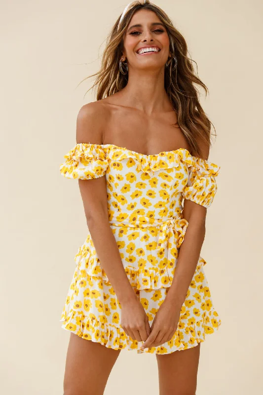 Tulsa Off Shoulder Waist Tie Frill Romper Floral Print White/Yellow