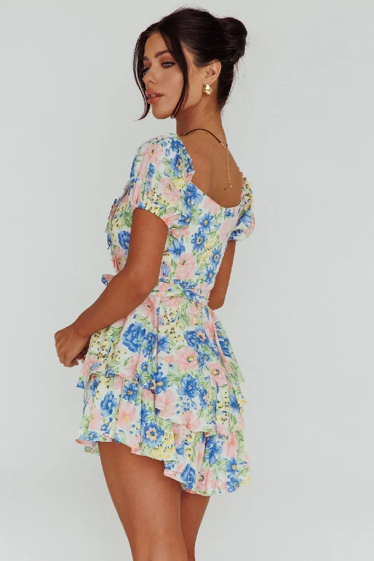 Whimsical Cut-out Bodice Romper Floral Blue