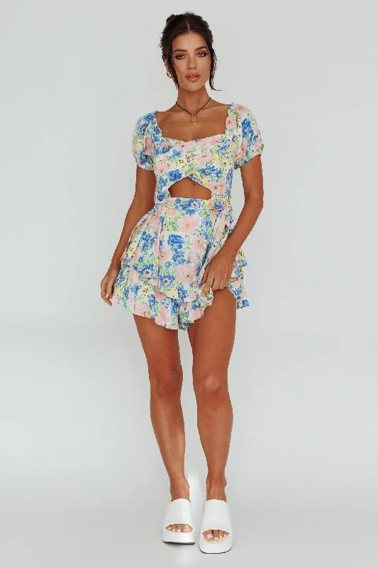 Whimsical Cut-out Bodice Romper Floral Blue