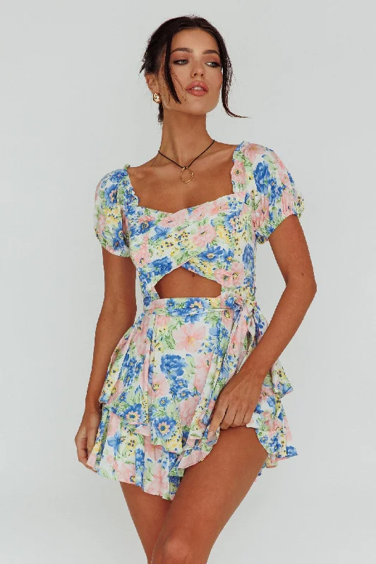 Whimsical Cut-out Bodice Romper Floral Blue