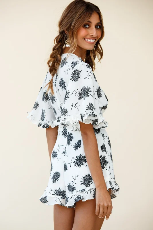 Wild Heart Bell Sleeve Wrap Romper Floral Print White