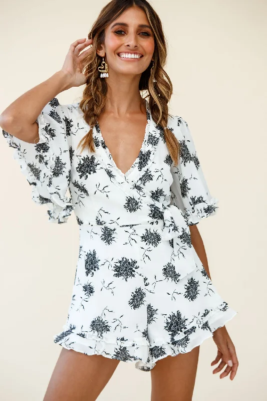 Wild Heart Bell Sleeve Wrap Romper Floral Print White