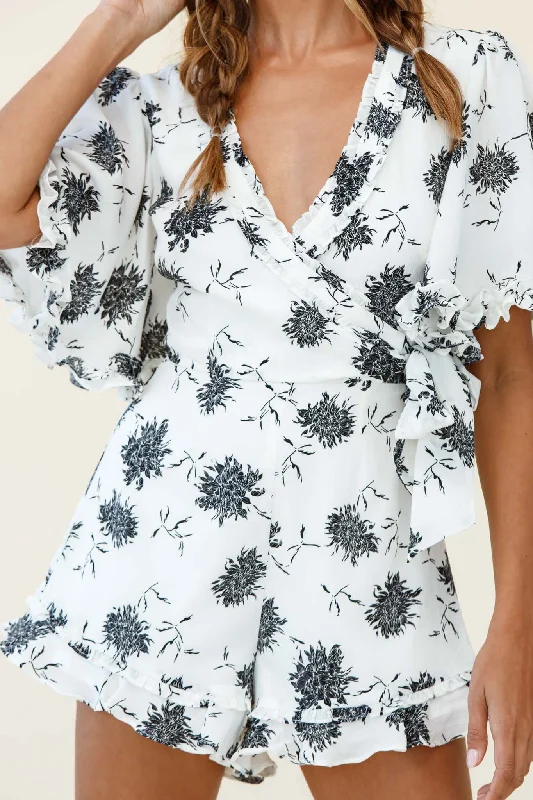 Wild Heart Bell Sleeve Wrap Romper Floral Print White