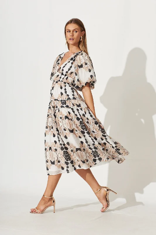 Amalie Midi Dress In Brown Leaf Print