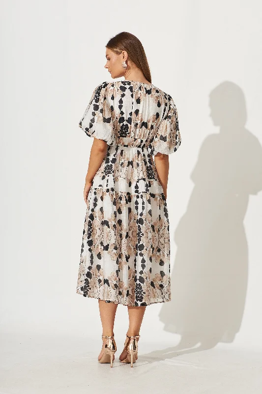 Amalie Midi Dress In Brown Leaf Print