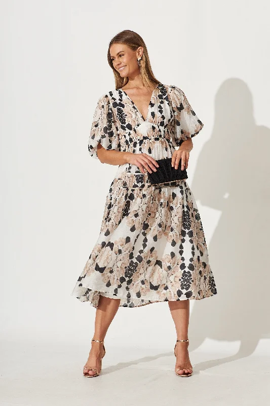 Amalie Midi Dress In Brown Leaf Print