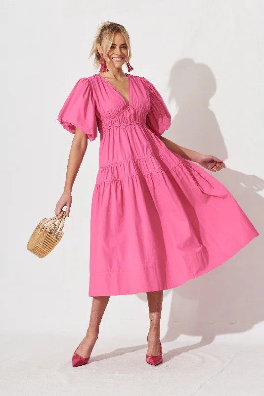 Amalie Midi Dress In Hot Pink Cotton