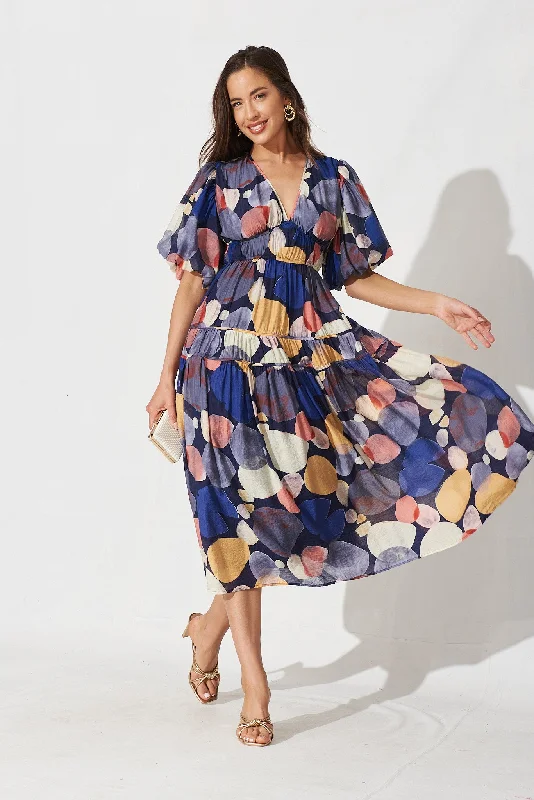 Amalie Midi Dress In Navy With Multi Print