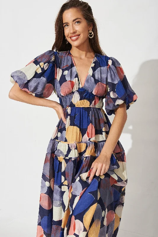 Amalie Midi Dress In Navy With Multi Print