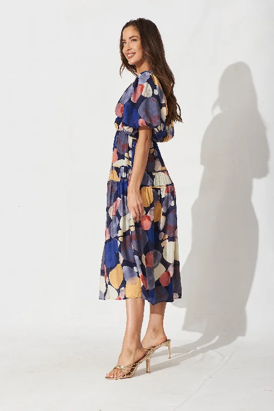 Amalie Midi Dress In Navy With Multi Print