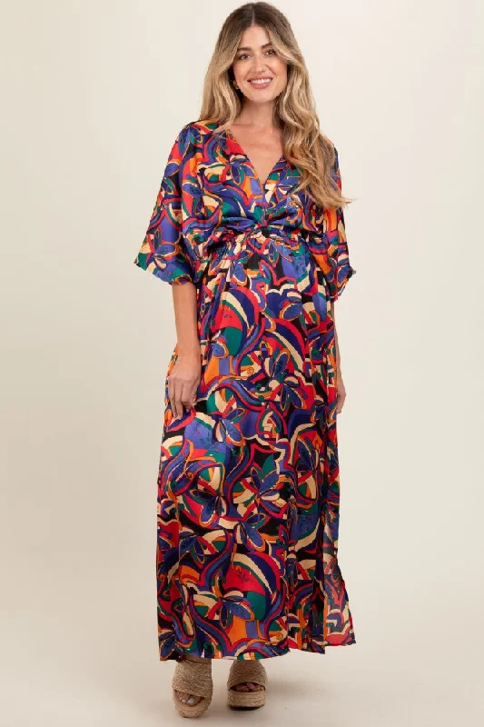 Black Abstract Back Tie Maternity Maxi Dress