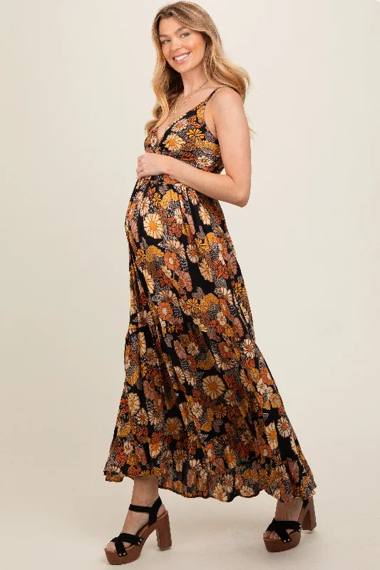 Black Floral Knot Front V-Neck Ruffle Hem Maternity Maxi Dress