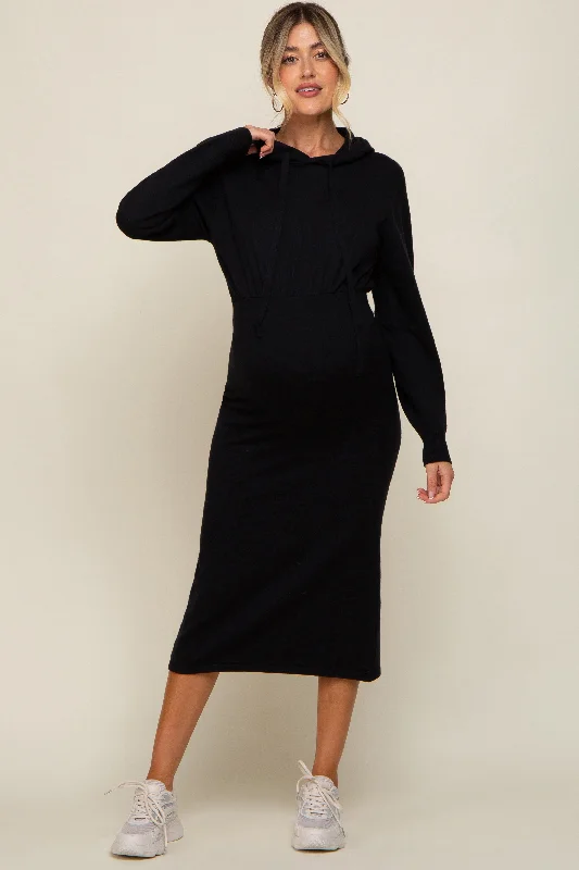 Black Knit Hooded Long Sleeve Maternity Dress