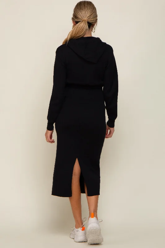 Black Knit Hooded Long Sleeve Maternity Dress