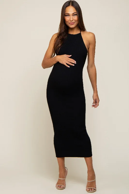 Black Rib Knit Cutout Criss Cross Back Maternity Maxi Dress