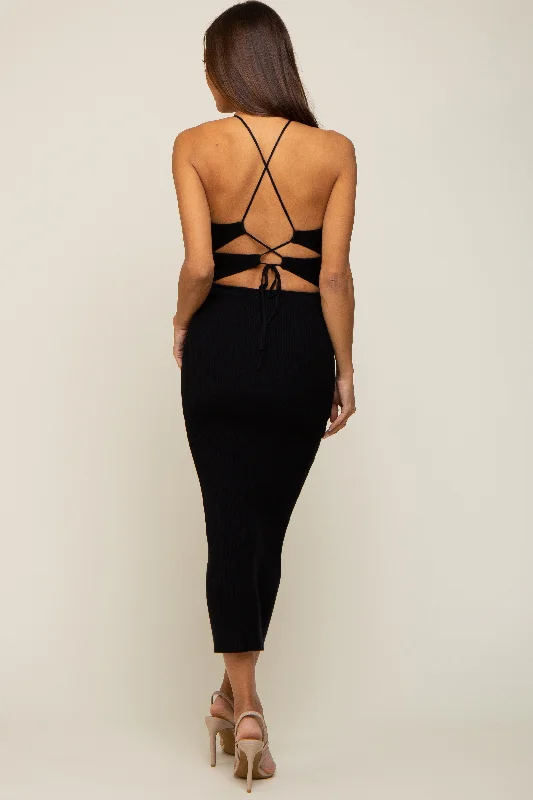 Black Rib Knit Cutout Criss Cross Back Maternity Maxi Dress