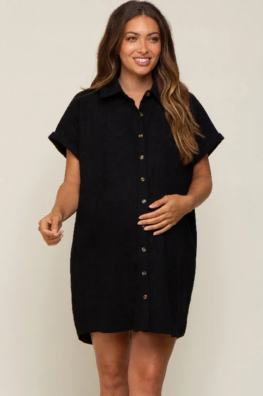 Black Ribbed Button Down Maternity Mini Dress