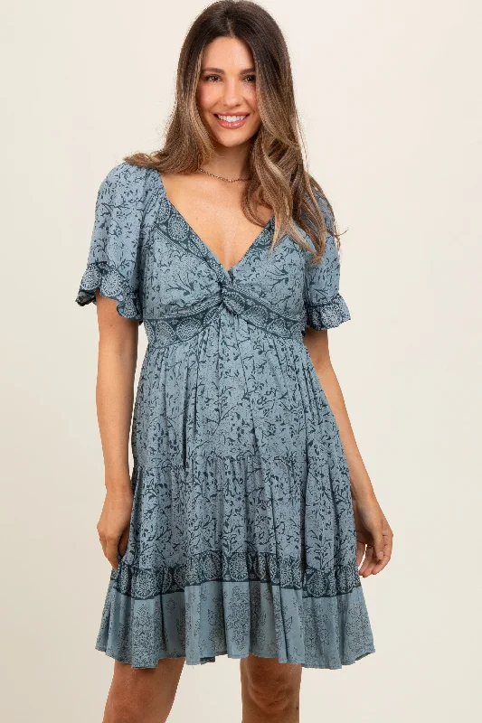 Blue Floral Paisley Knot V-Neck Short Sleeve Maternity Dress