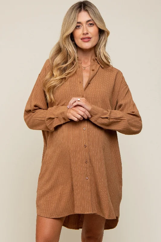 Camel Pinstriped Button-Down Linen Maternity Dress