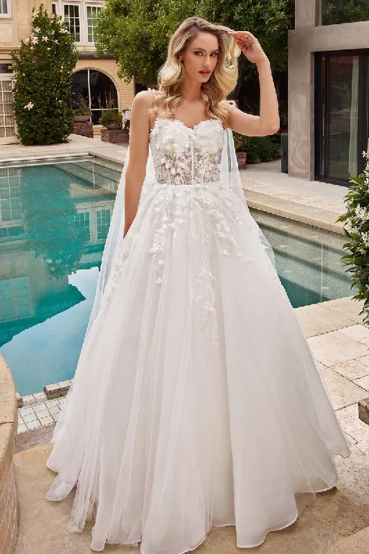 Cinderella Divine S437W Long Spaghetti Strap Cape Wedding Ball Gown