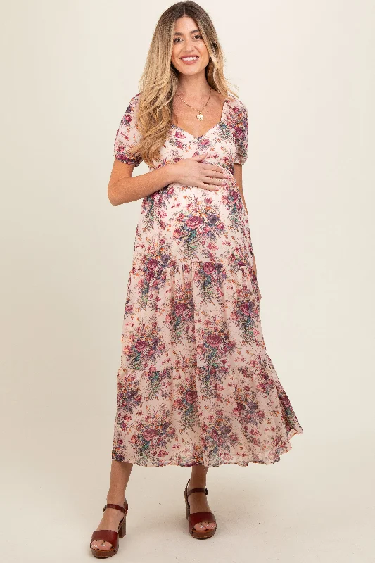 Cream Floral Chiffon Maternity Maxi Dress