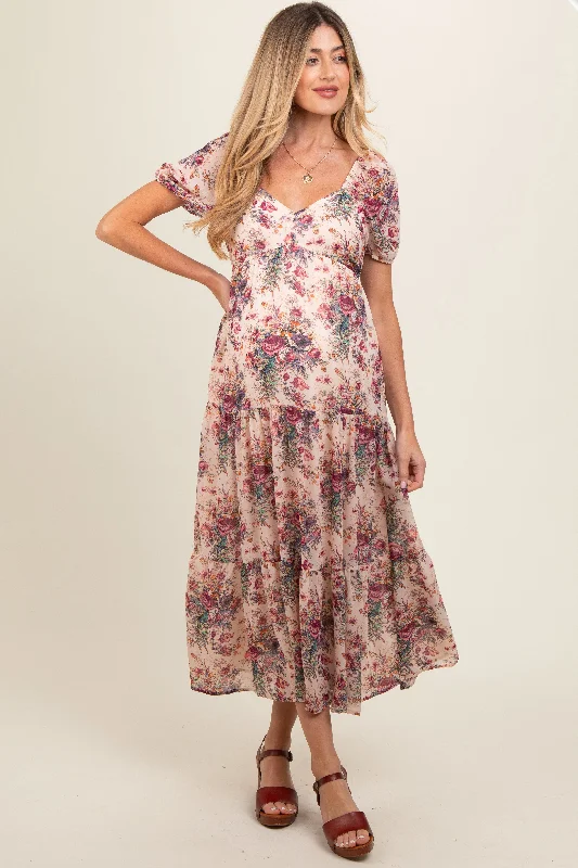 Cream Floral Chiffon Maternity Maxi Dress