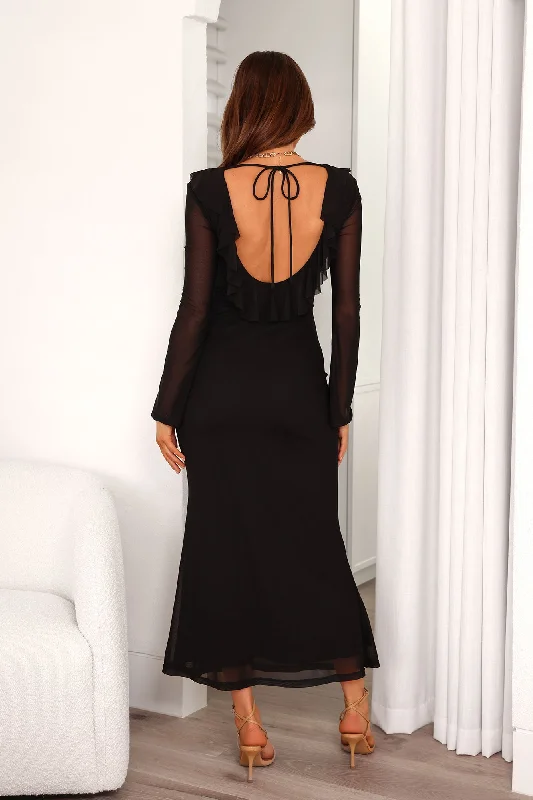 Date At Nine Mesh Long Sleeve Maxi Dress Black