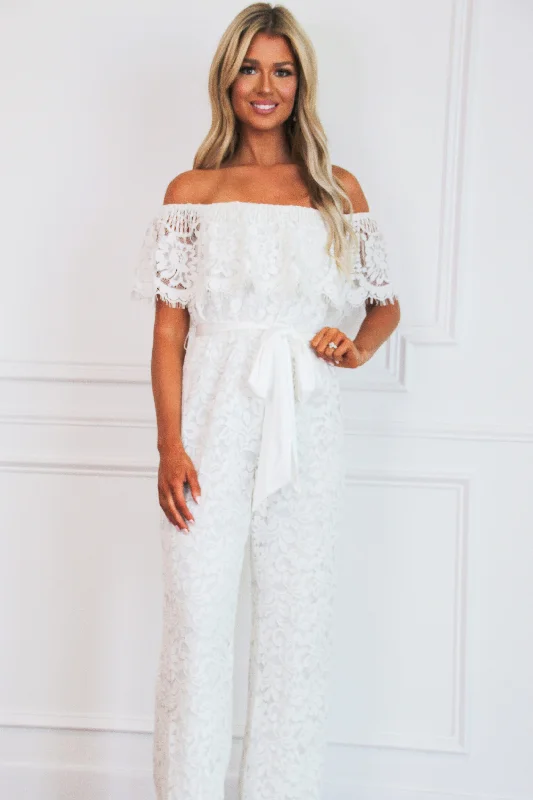 Daydreamer Lace Off Shoulder Jumpsuit: Off White