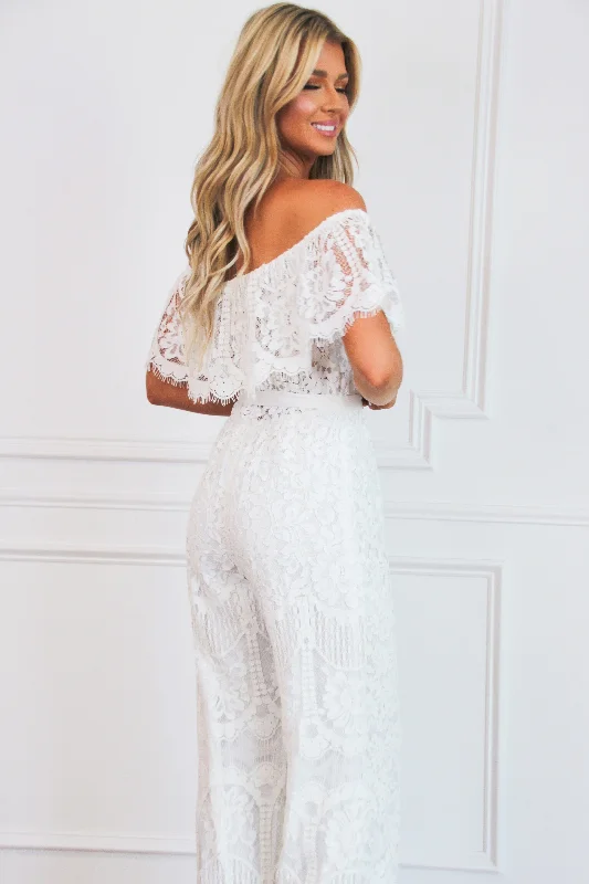 Daydreamer Lace Off Shoulder Jumpsuit: Off White