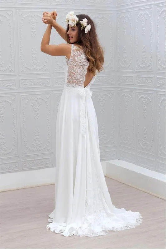 Elegant Bowknot Chiffon V-Neck Lace Sleeveless White Wedding Dress WD121