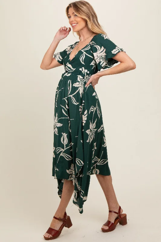 Forest Green Floral Knot Front Short Sleeve Asymmetrical Hem Maternity Maxi Dress