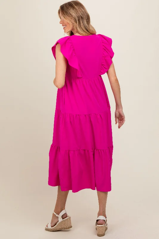 Fuchsia Flutter Sleeve Tiered Maternity Midi Dress