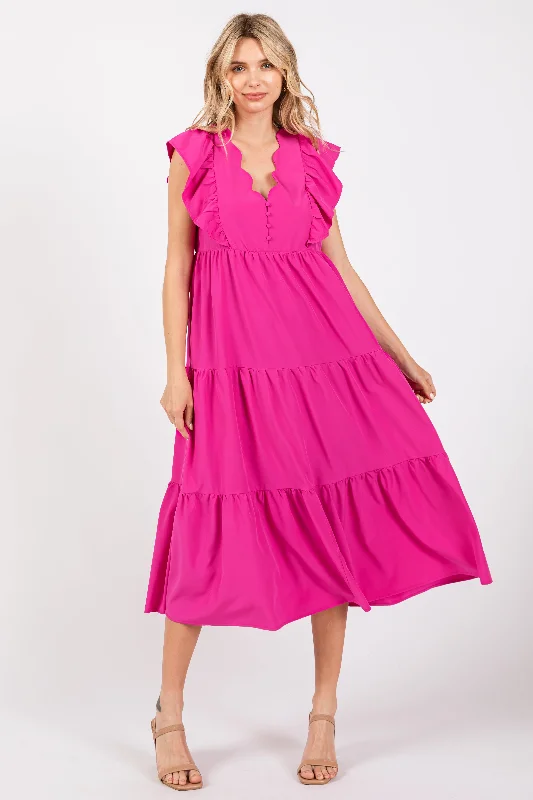 Fuchsia Flutter Sleeve Tiered Maternity Midi Dress