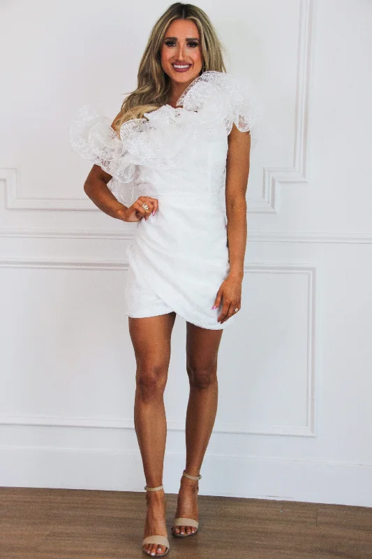 Girly Bride Ruffle Asymmetrical Dress: White