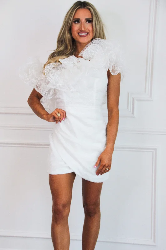 Girly Bride Ruffle Asymmetrical Dress: White