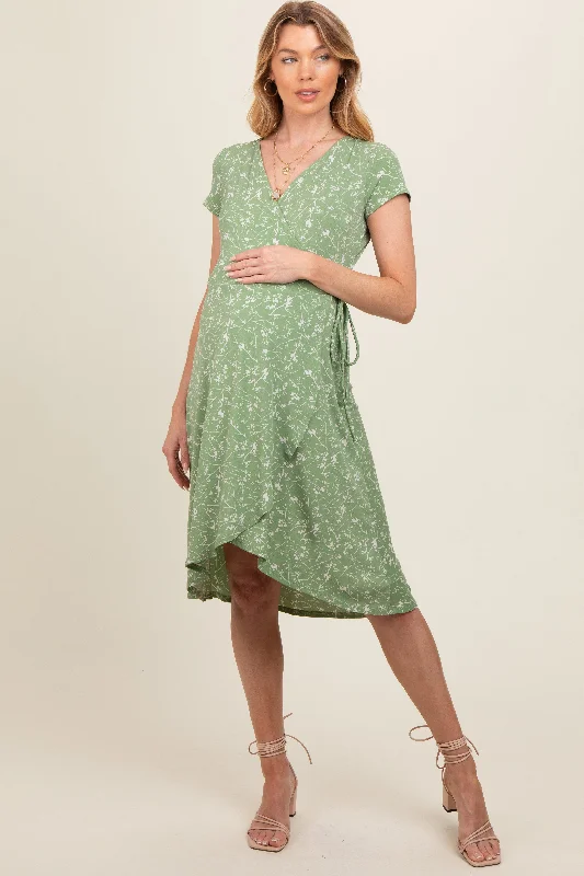 Green Floral Hi-Lo Maternity Wrap Dress