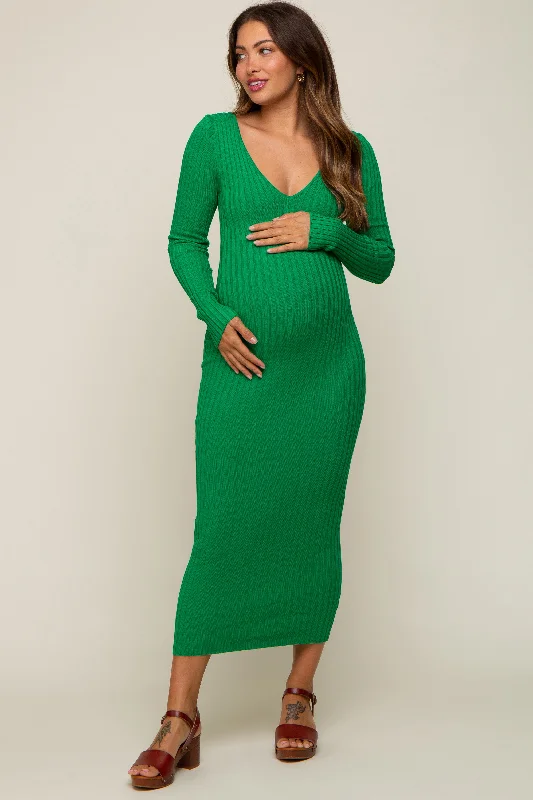 Green V-Neck Long Sleeve Fitted Maternity Maxi Dress