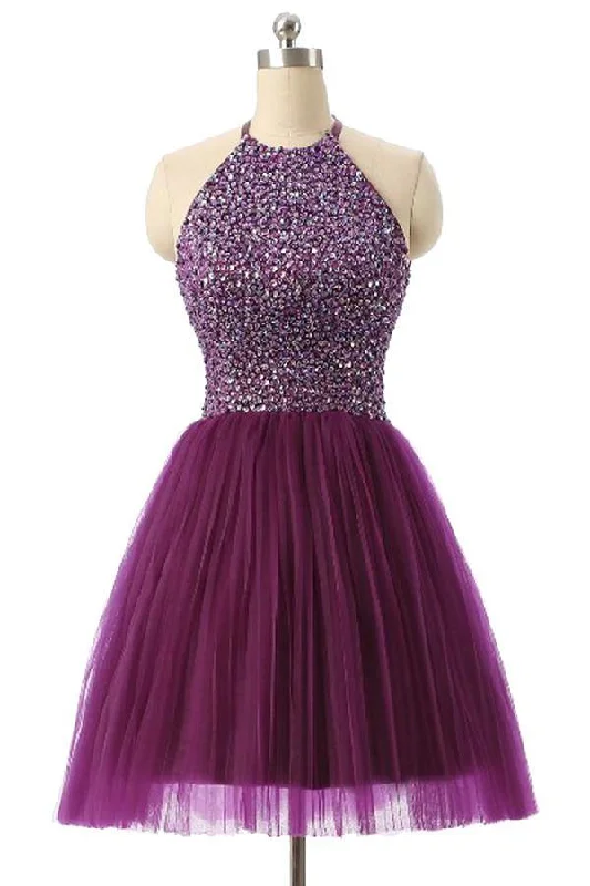 Halter Sleeveless Short Purple Homecoming Dresses Prom Dresses PG014