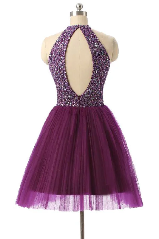 Halter Sleeveless Short Purple Homecoming Dresses Prom Dresses PG014