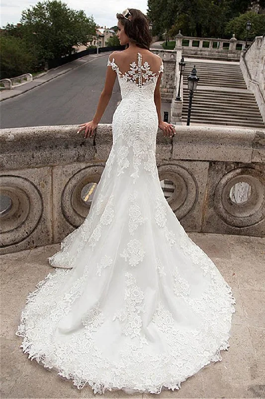 Illusion Neckline Lace Mermaid Long Wedding Dresses WD131