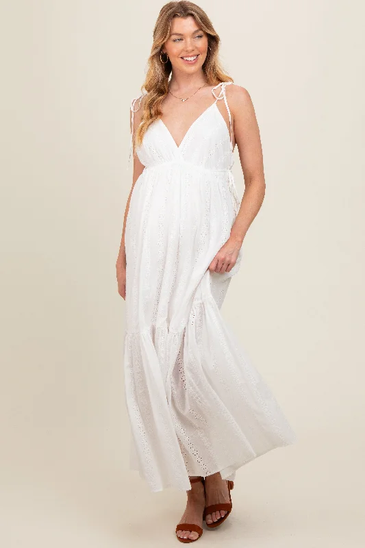 Ivory Floral Eyelet Shoulder Tie Maternity Dress