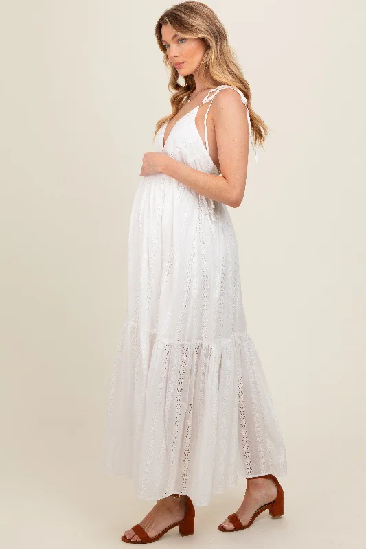 Ivory Floral Eyelet Shoulder Tie Maternity Dress