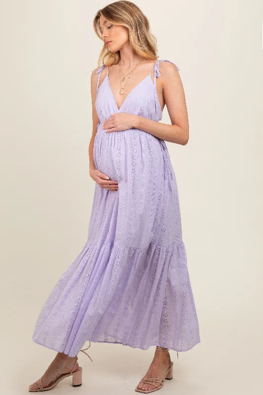 Lavender Floral Eyelet Shoulder Tie Maternity Dress