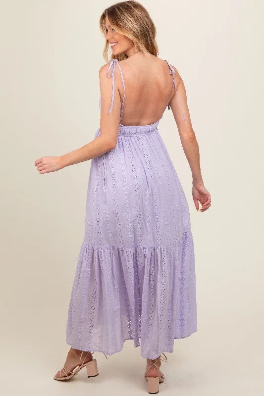 Lavender Floral Eyelet Shoulder Tie Maternity Dress