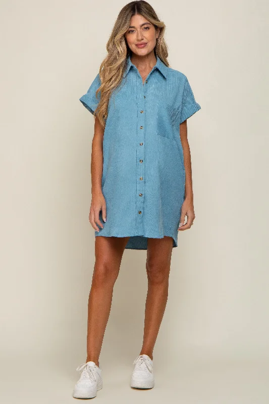 Light Blue Ribbed Button Down Maternity Mini Dress