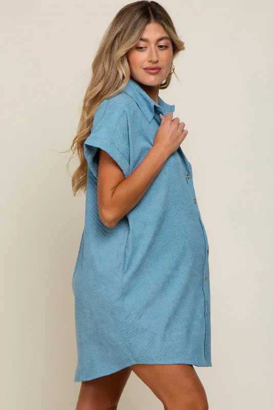 Light Blue Ribbed Button Down Maternity Mini Dress